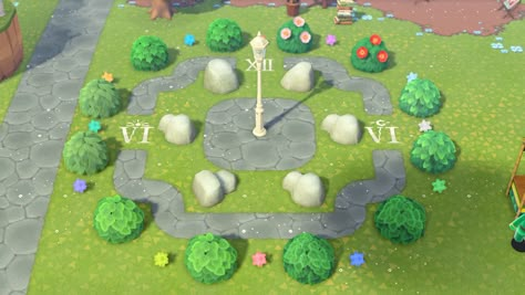 Acnh Bush Design, Animal Crossing Bushes Ideas, Animal Crossing Star Fragments Ideas, Acnh Clock Design, Acnh Bush Guide, Acnh Bushes Ideas, Acnh Bush Clock, Acnh Sun Design, Acnh Shrub Clock