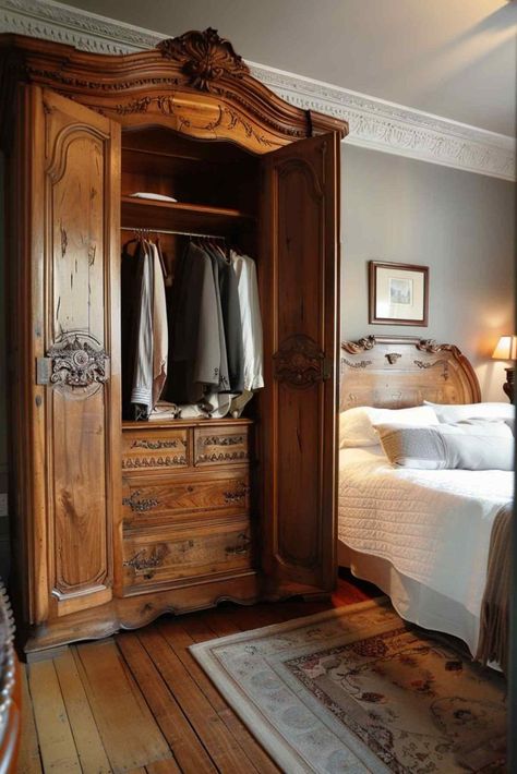 29 Bedroom Storage Ideas: Say Goodbye to Cluttered Chaos! Armoire In Bedroom, Antique Wardrobe Closet, Window Seat Storage, Bedroom Storage Ideas, Antique Wardrobe, Countryside Home, English Gentleman, House Storage, Boho Style Bedroom