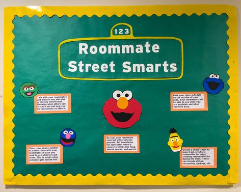 Sesame Street Ra Board, Sesame Street Bulletin Board, Roommate Contract, Ra Boards, Class Schedule, Street Smart, Chore Chart, When You Know, Bulletin Boards