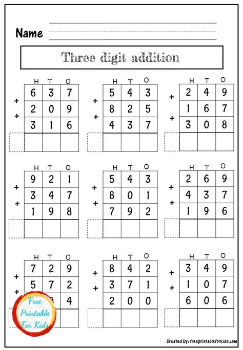 Practice three-digit addition with regrouping with FREE printable worksheets. Three Digit Addition With Regrouping, Worksheets For Third Grade, Three Digit Addition, Addition With Regrouping, Printable Worksheets For Kids, Addition Practice, Math Subtraction, Kids Work, Kids Math