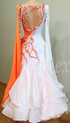 Women Ballroom Rhythm Tango Waltz Dance Dress US 6 UK 8 Orange White Beads White Ballroom Dress, Waltz Dance Dress, Tango Dance Dress, Smooth Dance Dresses, Standard Dance Dress, Ballroom Fashion, Waltz Dance, Ballroom Gowns, Tango Dress