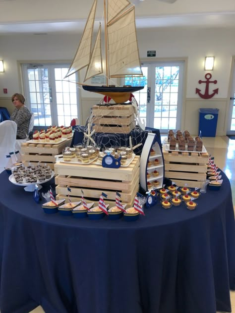 Rustic Nautical Centerpieces, Nautical Cocktail Party, Nautical Baby Shower Centerpiece Ideas, Nautical Dessert Table, Nautical Theme Retirement Party, Nautical Decor Party, Boat Centerpiece Ideas, Anchor Centerpiece Ideas, Sailing Into Retirement Party