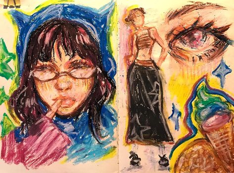 oil pastel Oil Pastels Reference, Oil Pastel Doodles Aesthetic, Oil Pastel Sketchbook, Pastel Oil Art, Oil Pastel Art Portrait, Alt Sketch, Pastel Art Style, Oil Pastels Drawings, Oil Pastel Sketch