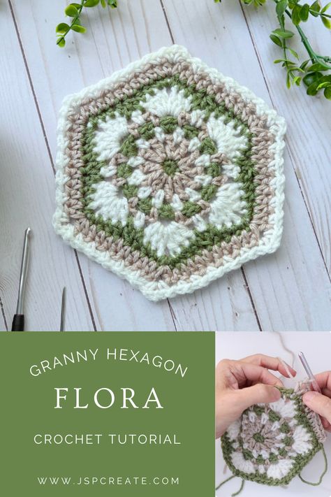 Free crochet pattern granny hexagon flora Granny Hexagon Crochet, Hexagon Crochet Pattern, Granny Hexagon, Hexagon Crochet, Granny Square Pattern Free, Crochet Granny Square Tutorial, Granny Square Crochet Patterns Free, Crochet Classes, Crochet Bedspread Pattern