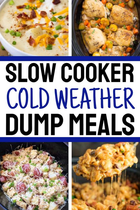 Slow cooker cold weather dump meals - cheap easy winter crockpot dump dinners for a frugal meal when it's rainy outside. Dump And Cook Crockpot Meals, Meals For Cold Weather Winter, Cold Rainy Day Recipes, Chicken Dump Meals Crock Pot, 50 Dump Dinners For Your Slow Cooker, Cheap Dump Meals, Cold Weather Recipes Crock Pot, Dump Bags Slow Cooker, Meals For Colds