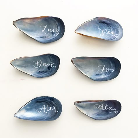 Mussel Shell Place Cards, Coastal Place Cards, Destination Wedding Name Place Cards, Sea Shell Name Cards, Coastal Wedding Place Cards, Shell Place Cards Wedding, Unique Name Place Cards Wedding, Uk Beach Wedding, Shell Name Cards Wedding