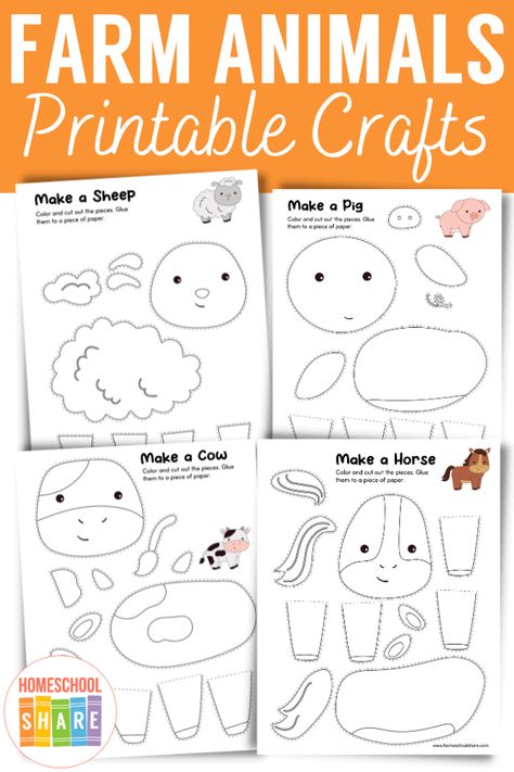 Cut and Paste Farm Animals (free printable crafts!) - Homeschool Share Farm Animal Patterns Free Printable, Farm Animal Projects For Preschool, Easy Farm Crafts, Farm Printable, Farm Crafts Preschool Free Printable, Farm Craft For Preschool, Farm Crafts For Kindergarten, Farm Printables, Farm Animals Preschool Printables