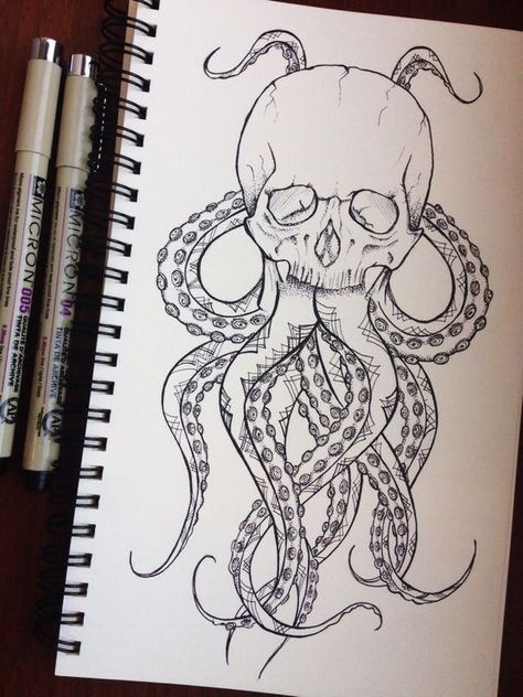 Octopus Drawing, Skull Art Drawing, Skulls Drawing, Dark Art Drawings, Skull Drawing, Pencil Art Drawings, Art Drawings Sketches Creative, Creative Drawing, Book Art Drawings