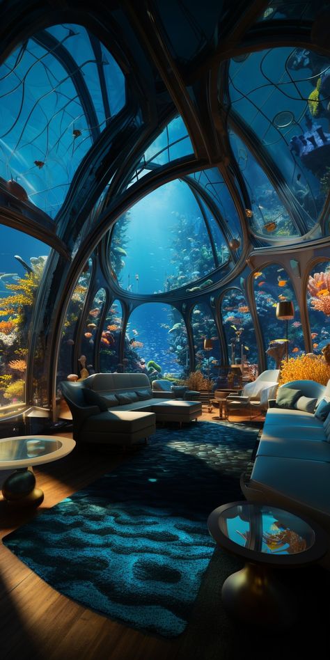 Underwater Home Fantasy Art, Underwater Living Room, Water Room Aesthetic, Underwater City Concept Art, Underwater Interior, Fantasy Aquarium, Sea Houses, Underwater Room, Underwater House