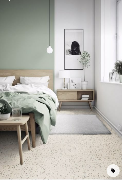 White Tiles Bedroom, Bedroom Floor Tiles, Scandinavian Interior Bedroom, Scandi Interior Design, Scandinavian Bedroom Ideas, Scandinavian Decoration, Japandi Bedroom Design, Bedroom Tile, Green Terrazzo