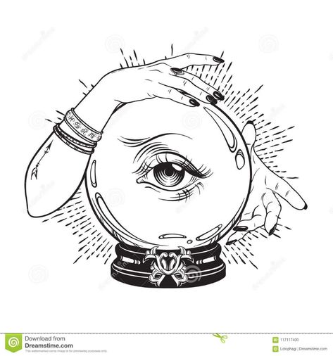 Hand Drawn Magic Crystal Ball With Eye Of Providence In Hands Of Fortune Teller. Boho Chic Line Art Tattoo, Poster Or Altar Veil P Stock Vector - Illustration of etched, antique: 117117400 Magic Crystal Ball, Kartu Tarot, Tattoo Poster, Line Art Tattoo, Tattoo Posters, Magic Crystal, Eye Of Providence, Line Art Tattoos, Fortune Teller