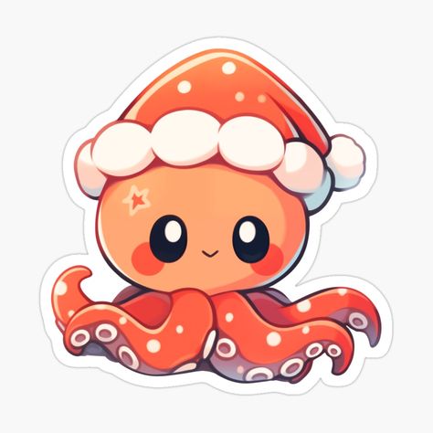 Christmas Octopus, Kawaii Octopus, Happy Stickers, Cute Kawaii Animals, Kawaii Design, Kawaii Animals, Kawaii Stickers, Animal Stickers, Love Drawings