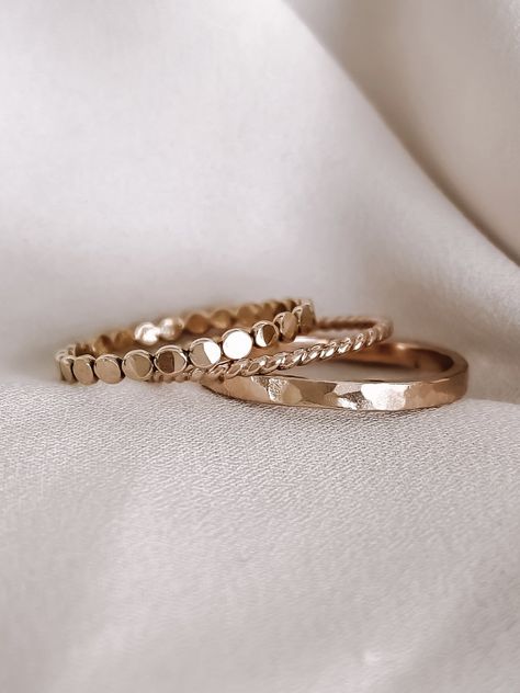 Stacked Rings Set of 3 Stack Up Rings, Made By Mary Rings, Everyday Gold Rings, Everyday Ring Stack, Solitaire Ring Stack, Rose Gold Ring Stack, Stacking Rings Ideas, Ring Stacking Ideas, Gold Stackable Rings