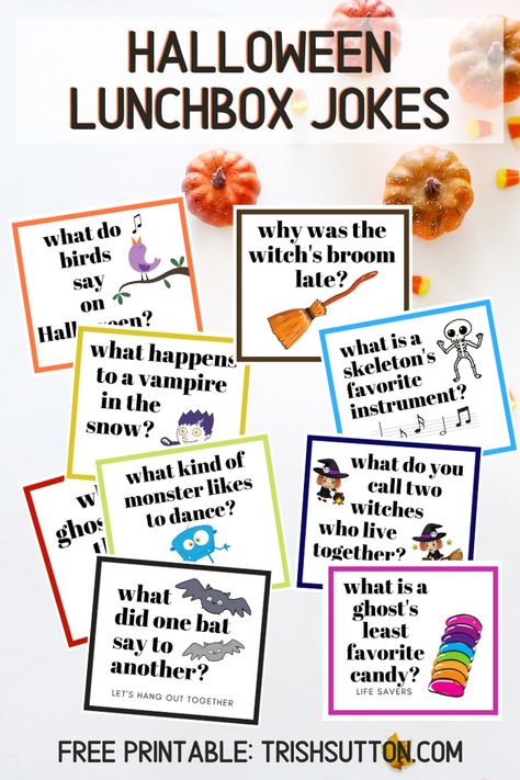 Vampires, witches and ghosts make the best lunchbox giggles! Add Halloween Jokes to your kiddo's lunch break with this free printable. Halloween Jokes For Kids Free Printable, Halloween Kids Jokes, Halloween Lunchbox Jokes, Halloween Lunch Box Notes, Halloween Lunch Box, Halloween Puns, Halloween Lunch, Halloween Jokes, Lunchbox Jokes