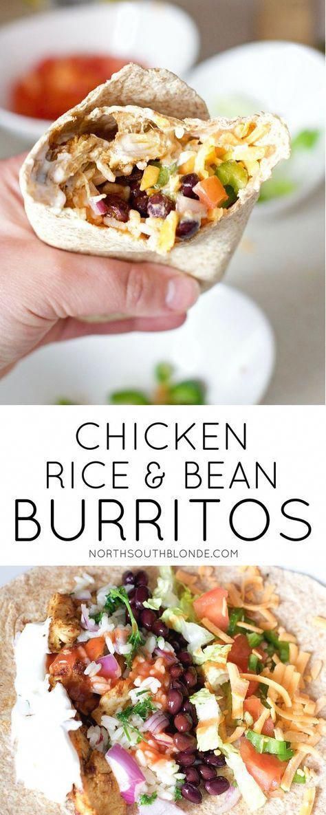 Make Mexican night fun and delicious with this easy burrito recipe. Light and lean, involves gluten-free pita bread for the wraps and tons of protein and fibre. Enjoy for lunch, dinner, or after a workout! Click thru for this quick, healthy, and family friendly recipe. Chicken Rice Beans, Easy Burrito Recipe, Black Bean Burritos, Healthy Food Dinner, Chicken Black Bean, Burrito Recipe Chicken, Healthy Food Meals, Tasty Healthy Food, Bean Burrito