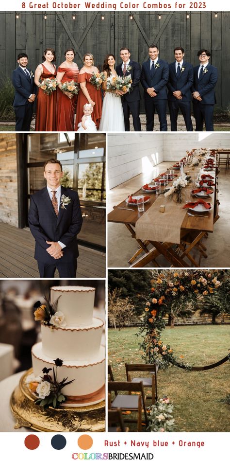 All 50+ Fall Wedding Color Palettes - ColorsBridesmaid Vintage Orange Wedding Colors, Fall Wedding Colors October Burnt Orange Navy Blue, Groomsmen Rust, Rust Orange Wedding Color Combos, Dusty Blue And Rust Wedding, Rust And Navy Blue Wedding, Navy Blue And Terracotta Wedding, White Corsages, October Wedding Colors