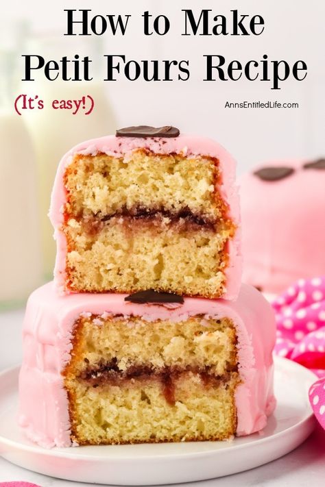 Two, stacked, pink, heart shaped petit fours on white plates cut open to display the inside. Easy Petit Fours Simple, How To Make Petit Fours, Petifores Recipe, Petit Fours Recipe Easy, Petit Four Icing, Petit Fours Recipe, Petit Four Recipes, Mini Desert, Petite Fours