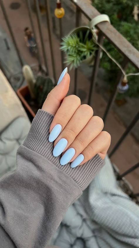 One Color Spring Nails, Pale Blue Nail Designs, Light Blue Nails Matte, Blue Nails With White Lines, Blue Minimalist Nails, Blue Nails Pastel, Simple Almond Acrylic Nails, Blue Nails Matte, Light Blue Almond Nails