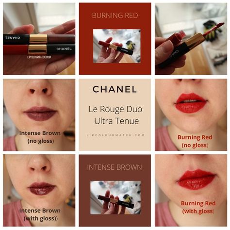 Swatches of liquid lipsticks Chanel Le Rouge Duo Ultra Tenue in colours Intense Brown and Burning Red on the lips as well as pictures of the lipstick tubes themselves. Chanel Le Rouge Duo Ultra Tenue Swatches, Chanel Le Rouge Duo, Lipstick Colours, Lipstick Shades, Try Something New, Lipstick Colors, Makeup Ideas, Everyday Look, Chanel