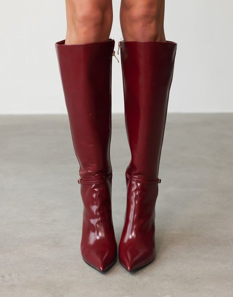 Cherry Texture, Cherry Red Boots, Stiletto Knee High Boots, Preppy Style Outfits, Red Knee High Boots, Dr Aesthetic, Red Ankle Boots, Red Stilettos, Thigh Boot