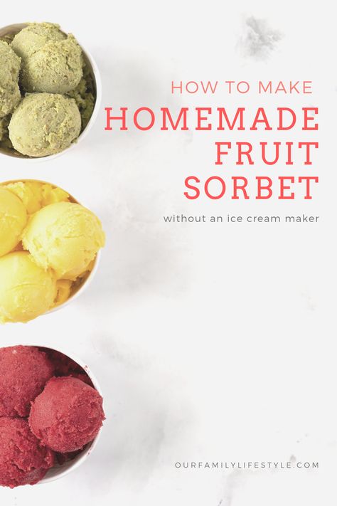 How to Make Homemade Fruit Sorbet Without an Ice Cream Maker. You can make homemade fruit sorbet with any of your favorite fruits – and you don't even need an ice cream maker to do it! Making Sorbet Without Ice Cream Maker, Homemade Sorbet Without Ice Cream Maker, How To Make Sorbet Without A Machine, Homemade Fruit Sorbet, Diy Sorbet With Frozen Fruit, Sorbet Recipes Without Ice Cream Maker, How To Make Sorbet With Frozen Fruit, Homemade Ice Cream Recipes Without Maker, Sorbet Recipes For Ice Cream Maker