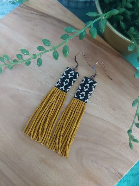 Wool Weaving, Fringe Earring, Seed Bead Jewelry Patterns, Brick Stitch Earrings, Long Fringe, Beaded Earrings Patterns, Sunshine Yellow, Colorful Earrings, Hanging Earrings