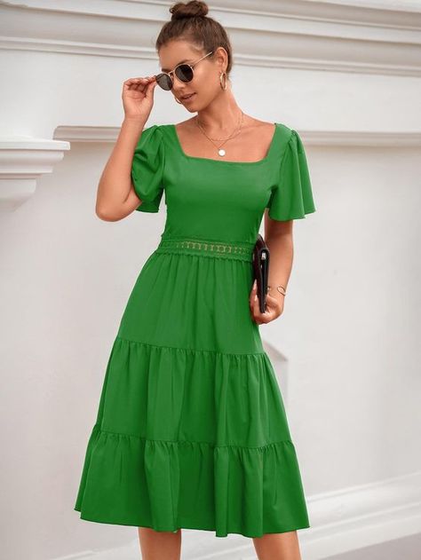 Green Casual Collar Short Sleeve Fabric Plain A Line Embellished Non-Stretch Summer Women Clothing A Line Dress Casual Simple, Designer Midi Dresses, Cotton Kurti Designs, Retro Vintage Dresses, Guipure Lace, Ruffle Hem Dress, Fashion Dresses Casual, Petite Dresses, Hem Dress