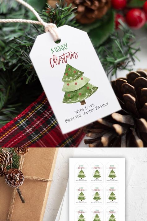 Holiday gift tags for self printing! WHAT YOU GET: :::::::::::::::::::::::::::::::::::::::::::::::::::: One Editable template. Favor Tag Size: 2" x3" Fit 9 tags on page 8.5"x11" * Edit one and print 9 Tags per page You can print multiple Tags in one PDF page / Get a JPG File Merry Christmas Labels, Christmas Tree Watercolor, Christmas Cutouts, Holiday Favors, Tree Watercolor, Christmas Illustrations, Christmas Gift Tags Printable, Tag Ideas, Family Christmas Cards