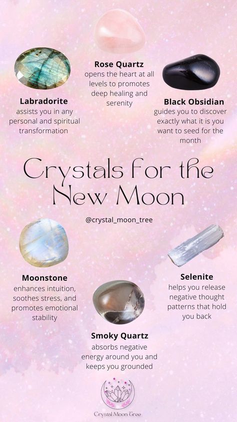 New Moon Stones, Crystals That Charge In The Moon, Moon Stone Crystal Meaning, New Moon In Aquarius Crystals, Crystals For New Moon, Crystals For Full Moon, Crystal 101, New Moon Crystals, Witchy Inspiration