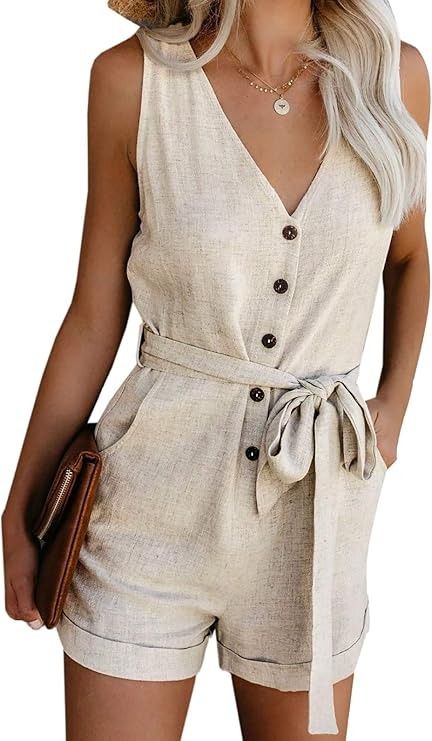 Amazon.com: Acelitt Women's Casual V Neck Sleeveless Button Down Tie Waist Summer Short Jumpsuit Rompers Playsuit Short Pants with Pockets Beige Large : Clothing, Shoes & Jewelry Summer Jumpsuit Short, Summer Crewneck, Short Playsuit, Pants With Pockets, Sleeveless Rompers, Womens Casual, Sleeveless Jumpsuits, Short Jumpsuit, Playsuit