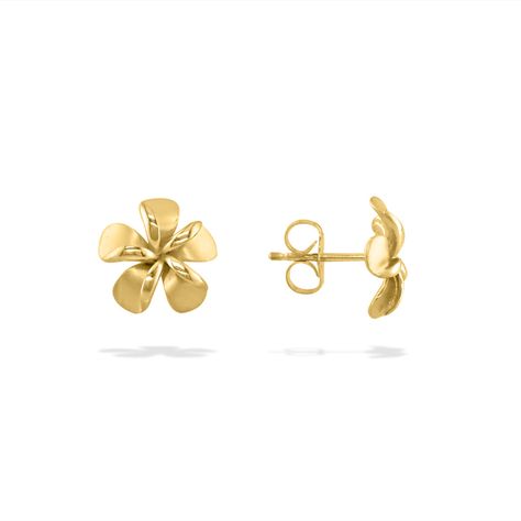 14K Yellow Gold Plumeria Stud Earrings. The Plumeria flower measures approximately 3/8" in width. Cute Wishlist, Flower Earrings Gold, Flower Ear, Jewelry Boards, Elegant Tattoos, Yellow Earrings, Jewelry Essentials, Jewelry Lookbook, Earrings Studs