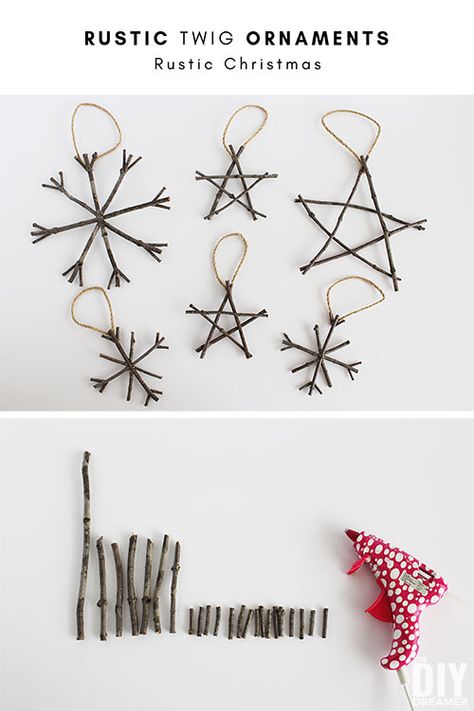 Rustic Twig Ornaments - Christmas ornaments that are super easy to make. Twig Ornaments, Diy Christmas Ornaments Rustic, Rustic Christmas Diy, Twig Crafts, Natural Christmas, Rustic Christmas Tree, Old Fashioned Christmas, Ornaments Christmas, Homemade Christmas