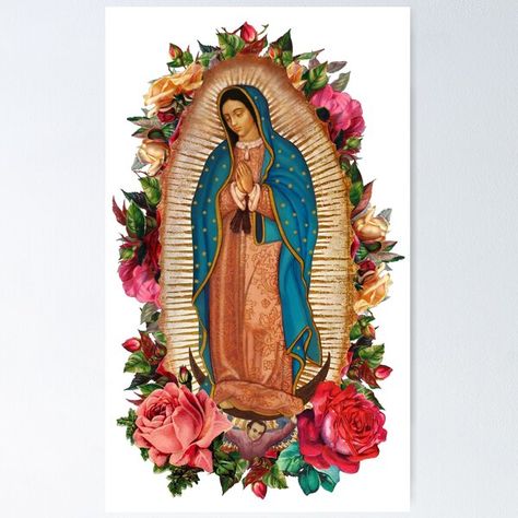 "Our Lady of Guadalupe Flowers" Poster by vagonart | Redbubble The Virgin Of Guadalupe, Virgin Mary Art, Flowers Poster, Virgin Of Guadalupe, Mickey Mouse Art, Our Lady Of Guadalupe, Lady Of Guadalupe, Color Rosa, Our Lady