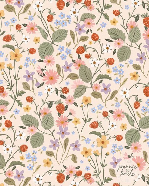 Joannie Houle, Wall Texture Design, Wild Strawberries, Kids Fabric, Printable Crafts, Summer Prints, Plant Art, Blanket Designs, Vintage Wallpaper