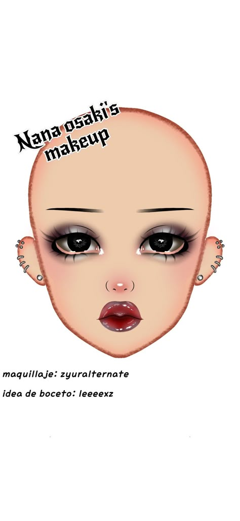 Nana osaki's makeup Alt Makeup Face Chart, Anime Makeup Looks Easy, Alt Makeup Drawing, Nana Osaki Makeup Look, Nana Eyeshadow, Nana Makeup Tutorial, Nana Eye Makeup, Nana Makeup Anime, Nana Makeup Look