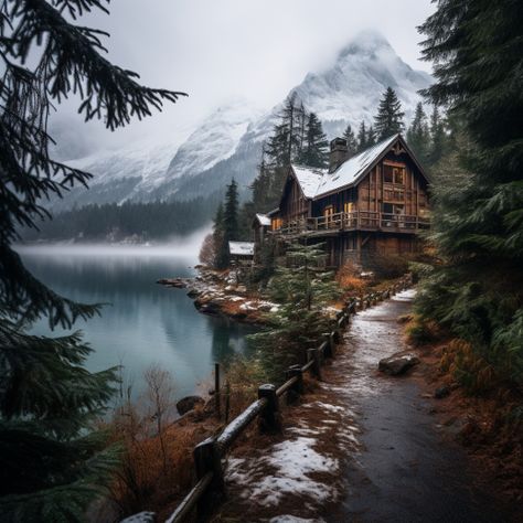 secret cabin Norwegian Mountain Cabin, Snowy Mountain House, Alaskan House, Mountainside House, Pnw House, Forest Academia, Forest Landscaping, Alaska Cabin, Alaska House