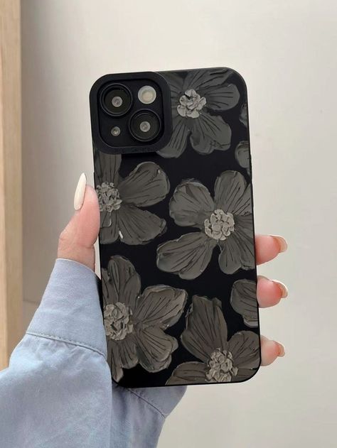 Cute Flower Phone Cases, Aesthetic Phone Cover Ideas, Diy Phone Case Ideas Handmade, Black Phone Case Aesthetic, Black Iphone Cover, Custom Phone Cases Ideas, Black Phone Cases, Phone Case Painting, Artsy Phone Cases