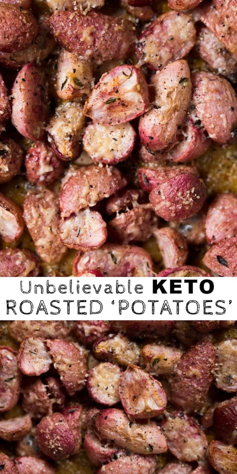 Low Carb & Keto Roasted Radishes i.e. 'Potatoes' #keto #ketorecipes #ketodiet #glutenfree #lowcarb #radishes Radish Dishes, Keto Potatoes, Keto Substitutes, Keto Veggies, Carb Sides, Roasted Radishes, Keto Sides, Keto Side, Boiled Egg Diet Plan