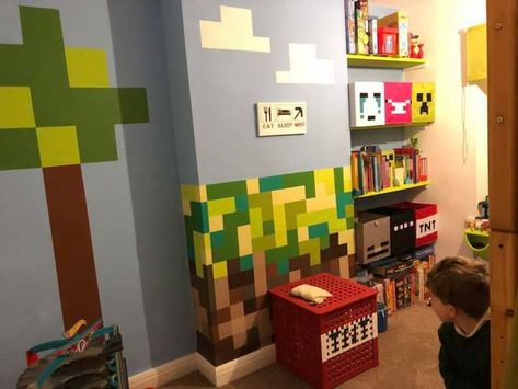 Mincraft Rooms, Minecraft Bedroom Wall, Minecraft Bedroom Wall Designs, Minecraft Kids Room, Minecraft Bedroom Wallpaper, Minecraft Themed Bedroom, Bookshelf Ideas Bedroom, Cute Minecraft Bedroom Wallpaper, Minecraft Bedroom Wall Mural