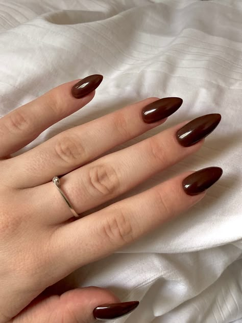 2023 Nails Trend Almond, Brown Nails Inspiration Almond, Brown Nails Chocolate, Chocolate Oval Nails, Chocolate Color Nails Design, Brown Dip Nails Almond, Almond Nails Basic Color, Brown Nail Almond, Basic Nails Colors