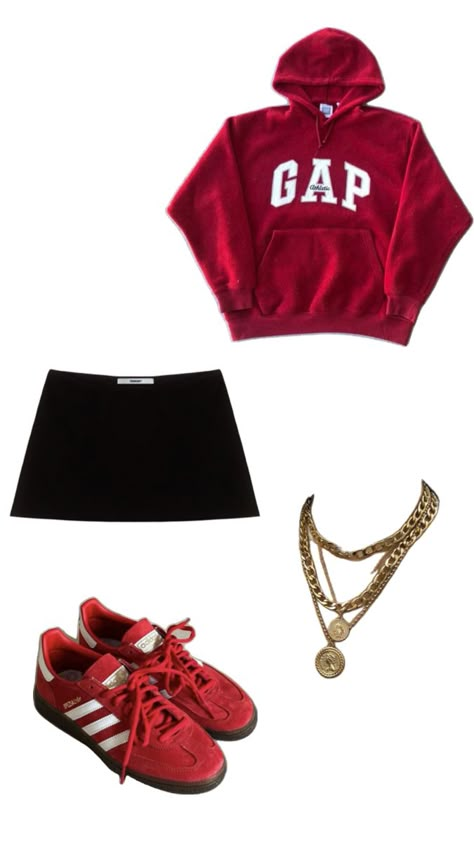 Black mini skirt gap athletic hoodie red red adidas gold layered necklace Gap Hoodie Outfit, Red Hoodie Outfit, Idk What To Wear, Adidas Gold, Drip Fits, Gap Outfits, Acubi Style, Gold Layered Necklace, Shein Finds