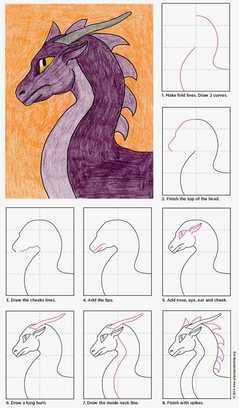 Dibujar un dragón a partir de unas técnicas facilitadas por el profesor. Drawing Dragons, Trin For Trin Tegning, Draw A Dragon, Easy Dragon Drawings, Drawing Kids, Head Drawing, Head Art, Dragon Sketch, Purple Dragon