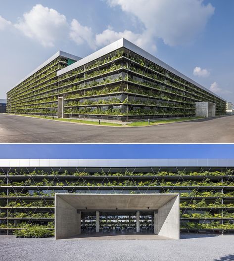 Rows of plants filter out the rain and sun, and help improve the quality of the air and the temperatures within the factory. Green Factory Architecture, Parking Building Facade, Industrial Architecture Factories, Modern Factory Architecture, Factory Design Exterior, Factory Facade Design, Factory Building Design, Industrial Building Design, Factory Facade