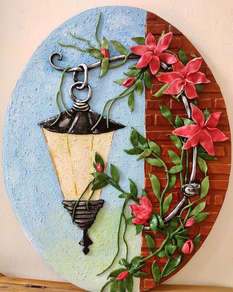 11.1k Likes, 90 Comments - Hobby Ideas (@hobbyideasindia) on Instagram: “This is such a lovely home decor piece made by @jyoclaybuzz! This mix media project is made using…” Mouldit Art Ideas, Mouldit Art, Mural Art Design, 3d Canvas, Clay Arts, 3d Mural, Feather Diy, Waste Material, Fabric Jewellery