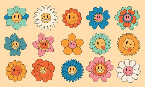 Retro Flower Illustration, Character Eye Design, Flower Power Aesthetic, Hippy Designs, Hippie Illustration, Retro Doodles, Retro Drawings, Cartoon Daisy, 70's Aesthetic