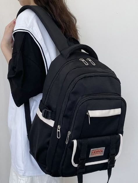 Korean School Bag Black, Black School Bag Aesthetic, Bags For School Black, Black Backpack Aesthetic, Aesthetic Backpacks For School, School Backpacks Aesthetic, Bookbag Aesthetic, Expensive Backpacks, Cute Black Backpack