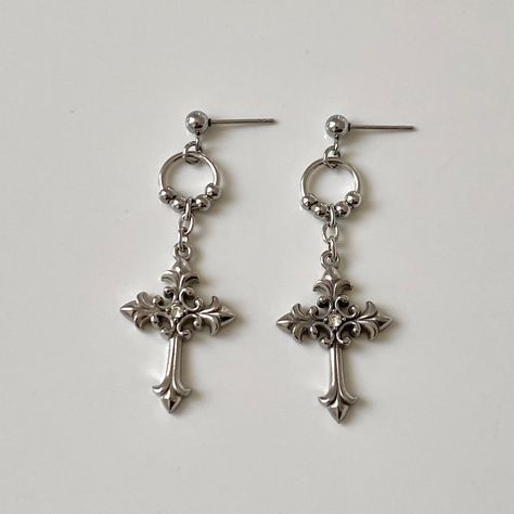 Gothic Cross Earrings, Gothic Jewelry Diy, Silver Cross Earrings, Cross Earring, Goth Earrings, Gothic Earrings, Steel Cross, Goth Jewelry, Dope Jewelry