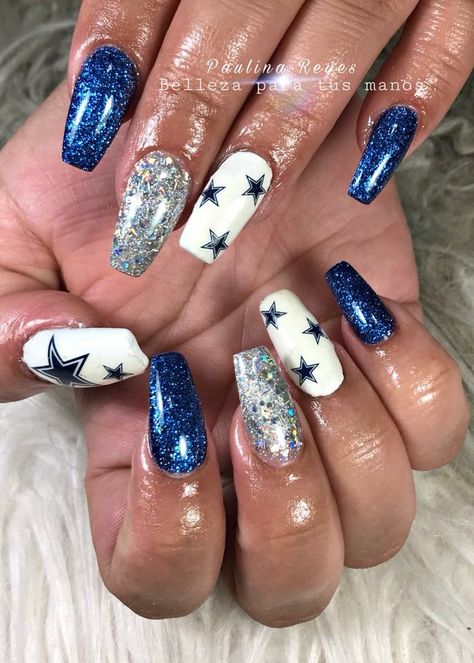 Cowboy Football Nails, Cowboy Nail Ideas, Dallas Cowboys Gel Nails, Cheerleading Nails Designs Cheer, Dallas Cowboys Nails Designs Football, Air Force Nails Designs, Cowboys Nails Design, Dallas Cowboys Nails Acrylics, Football Nail Ideas