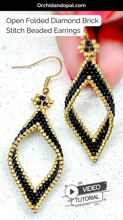 Follow along with these easy beaded earring tutorial to make these open folded diamond brick stitch beaded earrings. For this easy beading tutorial you will need the following beads: Miyuki Seed Beads, Delica, Toho Aiko, Treasures, and Cylinder Beads. Beadweaving, Handmade Jewelry Design, DIY Crafts and Gifts, Easy Beading Pattern Brick Stitch Fringe Earrings Tutorial, Brick Stitch Earrings Tutorial Videos Free Pattern, Diy Brick Stitch Earrings, Art Deco Beading Patterns, Brick Bead Patterns, Seed Bead Earrings Patterns Free Brick Stitch, Brick Stitch Earrings Tutorial Free Pattern, Free Beading Tutorials Earrings, Seed Bead Patterns Earrings