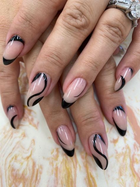 Follow @leminimacaron for more inspo 💕 Photo credits: unknown #Leminimacaron #nails #nailart #beauty#nailsofinstagram #diy #tutorial #nailtutorial #selfcare#gelpolish #gelnails #mani #manicure #veganbeauty #9free#crueltyfree #cleanbeauty #inspo #consciousbeauty#nailinspo #trendynails #beauty #summer2023 #gelliners #liner #french #frenchmani #nailart #summernails #whitenails #aesthetic #beautytips #instanails Black Swirl Almond Nails, Waves Design Nails, Almond Wave Nails, Black Swirly Acrylic Nails, Black Swirl French Tip Nails, Black And Blue Swirl Nails, Swirly French Nails, Nails Inspo Baddie Black, Black Nails Ideas Prom